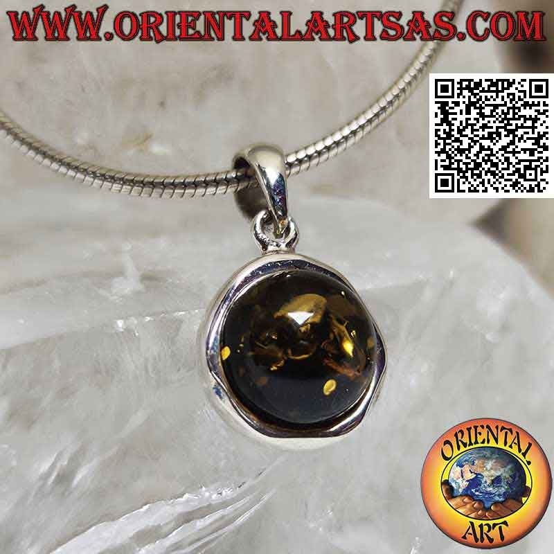 Silver pendant with cabochon round green amber on an irregular round setting