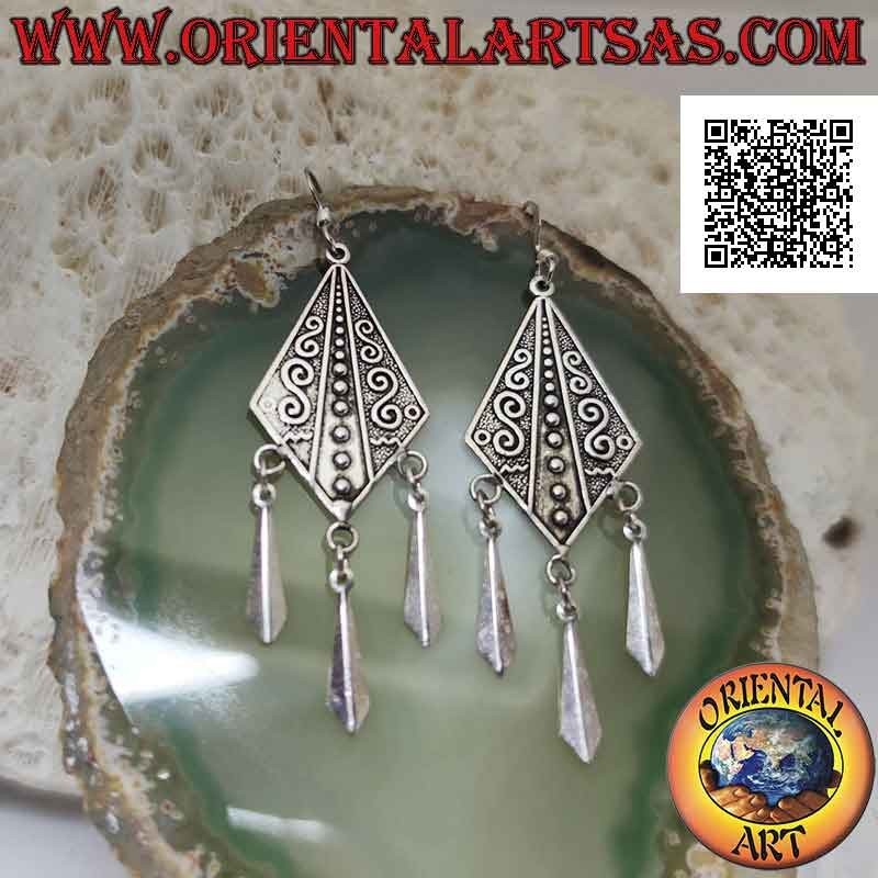 Silver hook earrings, rhomboid with Greek in bas-relief and three pointed pendants