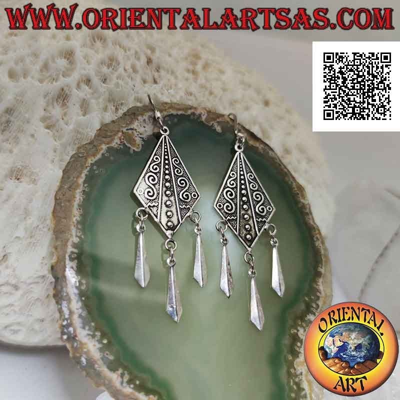 Silver hook earrings, rhomboid with Greek in bas-relief and three pointed pendants