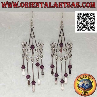 Baroque style silver hoop earrings with amethyst crystals hanging in the center and below