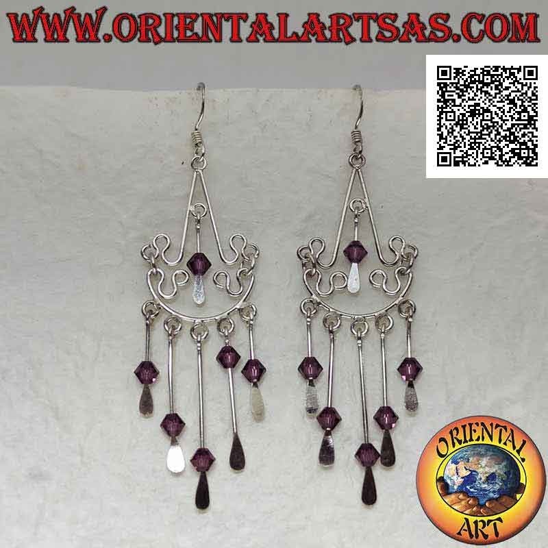 Baroque style silver hoop earrings with amethyst crystals hanging in the center and below