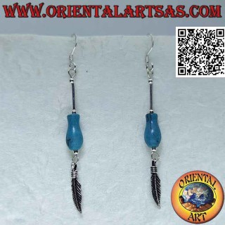 Silver and turquoise stick silver earrings with pendant feather