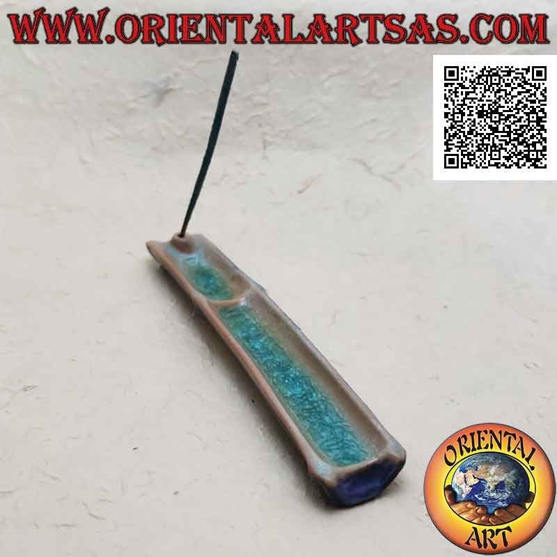Brucia incenso a stecca di canna in ceramica dipinta blu e interno vetrificato effetto acqua