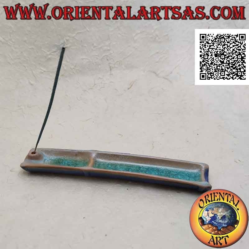 Cane stick incense burner in blue painted ceramic and water-effect vitrified interior