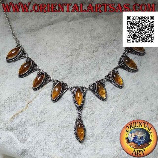 Collier en argent 925 Collana chaîne 10 cabochon navette ambre central (47 cm)