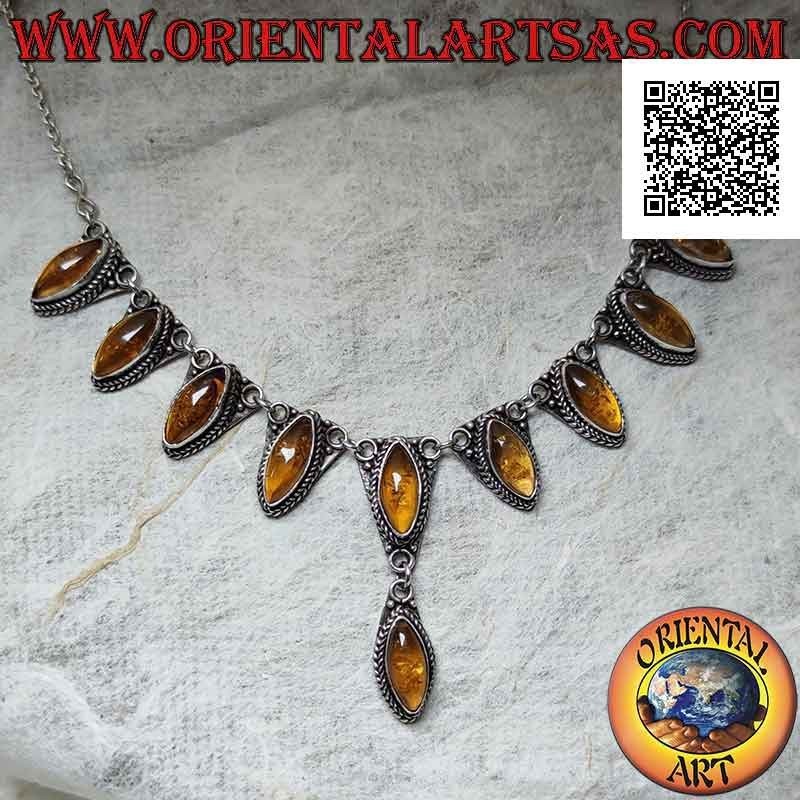 Collana in argento 925 ‰ a catenina 10 ambre a navetta cabochon centrali (47 cm)