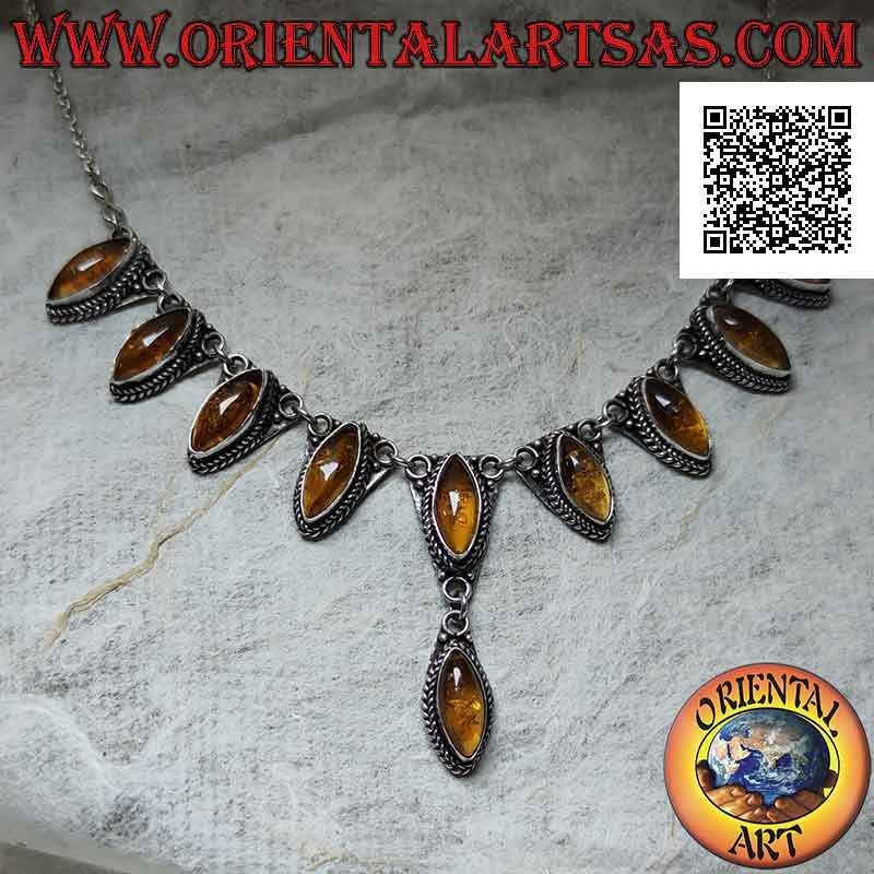 Collier en argent 925 Collana chaîne 10 cabochon navette ambre central (47 cm)