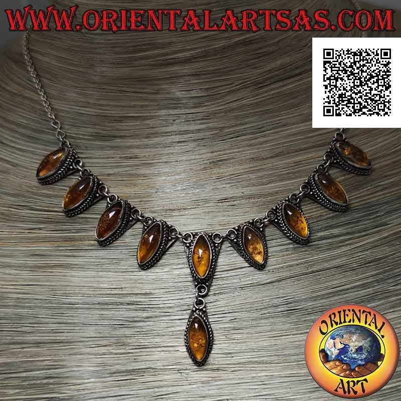 Necklace in 925 Collana silver chain 10 amber shuttle cabochon central (47 cm)