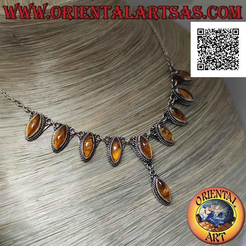 Collier en argent 925 Collana chaîne 10 cabochon navette ambre central (47 cm)