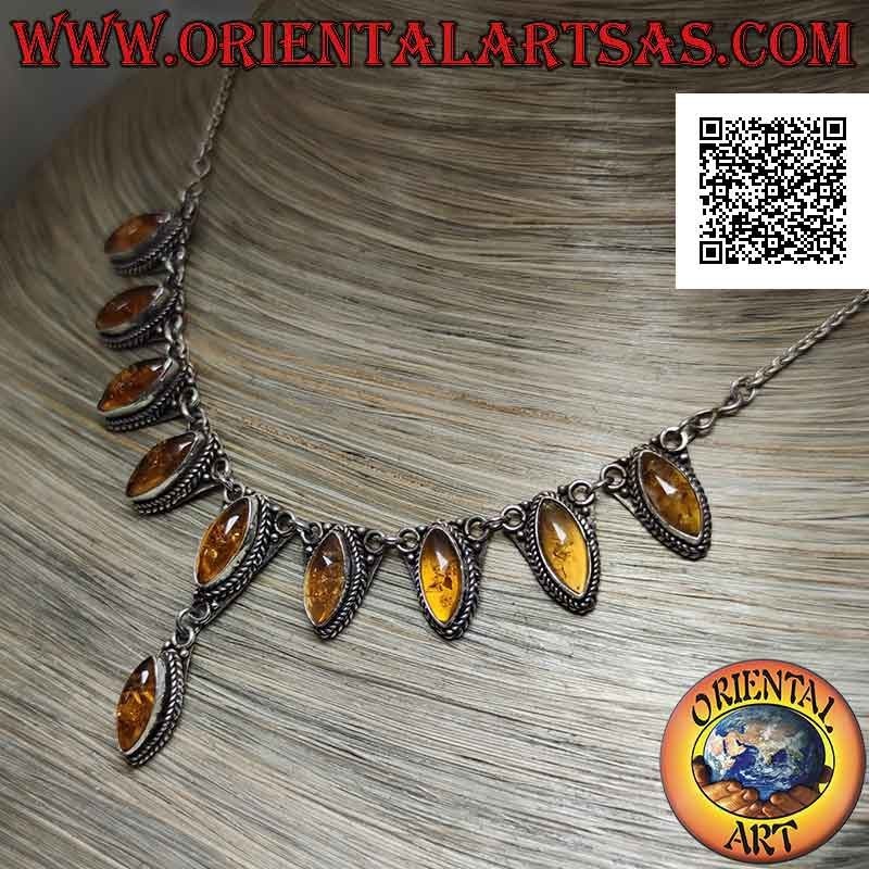 Collar en plata 925 Collana cadena 10 cabujón lanzadera ámbar central (47 cm)