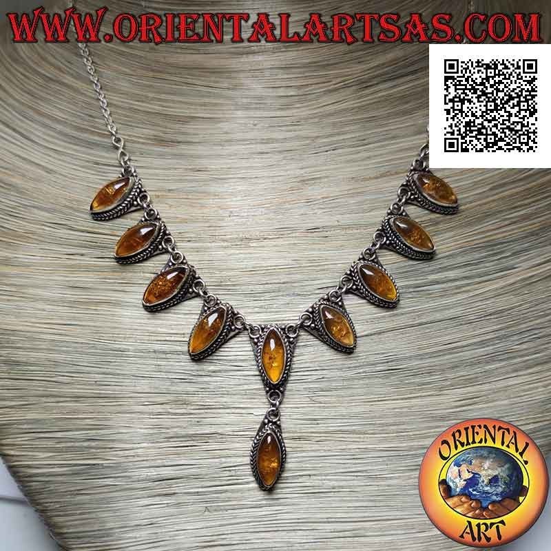 Collier en argent 925 Collana chaîne 10 cabochon navette ambre central (47 cm)