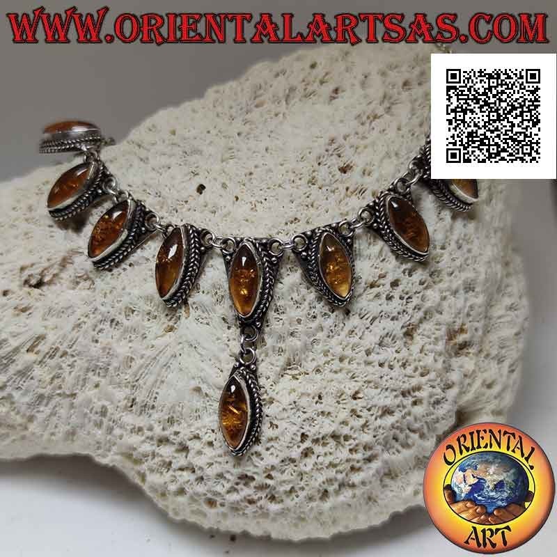 Collana in argento 925 ‰ a catenina 10 ambre a navetta cabochon centrali (47 cm)