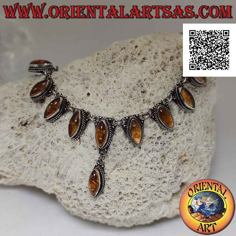 Collier en argent 925 Collana chaîne 10 cabochon navette ambre central (47 cm)