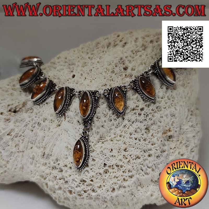 Necklace in 925 Collana silver chain 10 amber shuttle cabochon central (47 cm)
