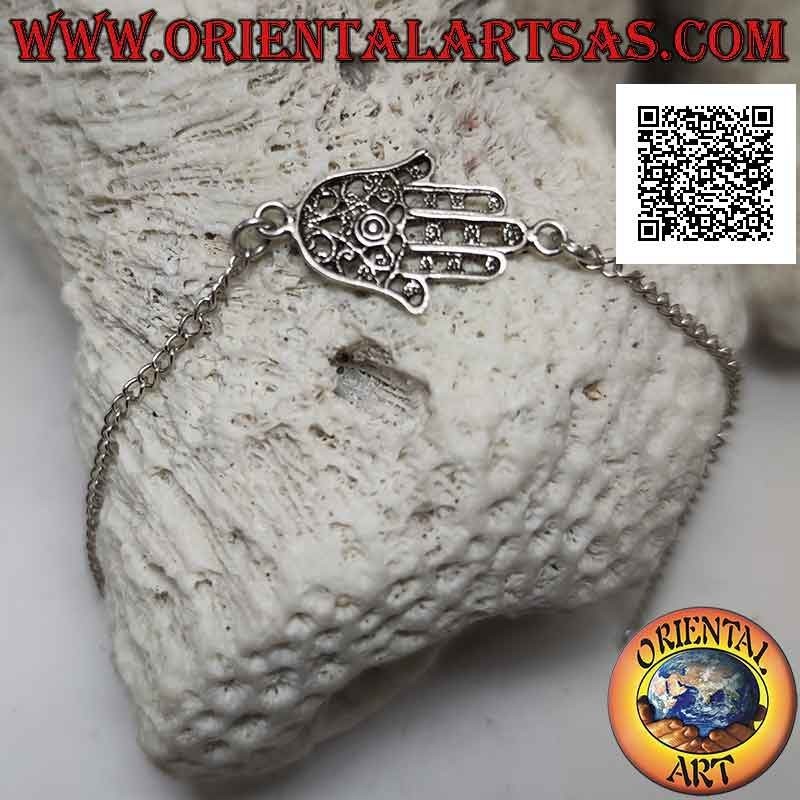 Bracelet chaîne en argent tendre avec main de fatima décoré de filigrane central