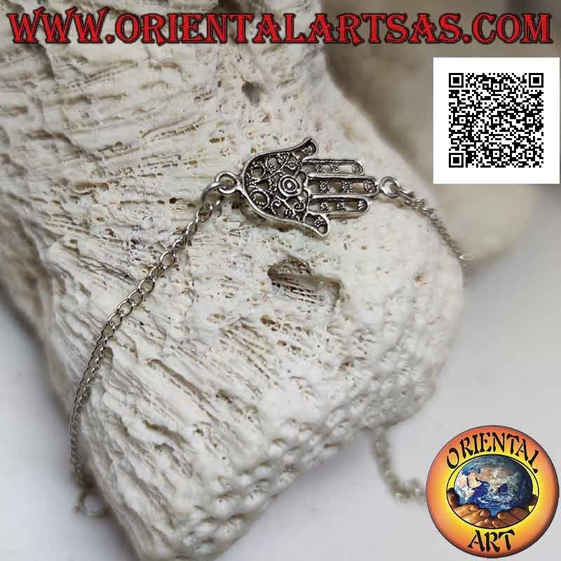 Bracciale in argento morbido a catenina con mano di fatima decorata a filigrana centrale