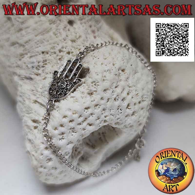 Bracelet chaîne en argent tendre avec main de fatima décoré de filigrane central