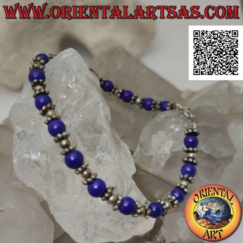 Bracciali in argento con sfere di lapislazzulo e argento infilate alternate e inserti nel mezzo da 18,5 cm