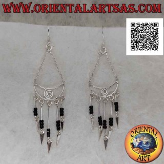 Silver earrings, crescent with spiral inside with a row of tris of onyx beads