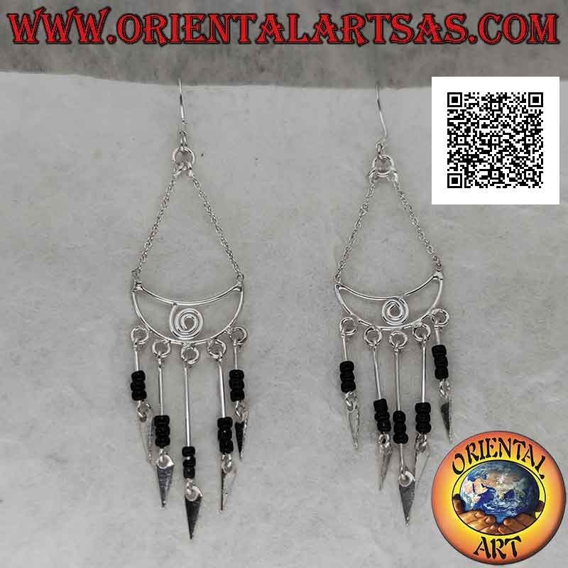 Silver earrings, crescent with spiral inside with a row of tris of onyx beads