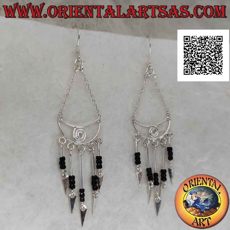 Silver earrings, crescent with spiral inside with a row of tris of onyx beads