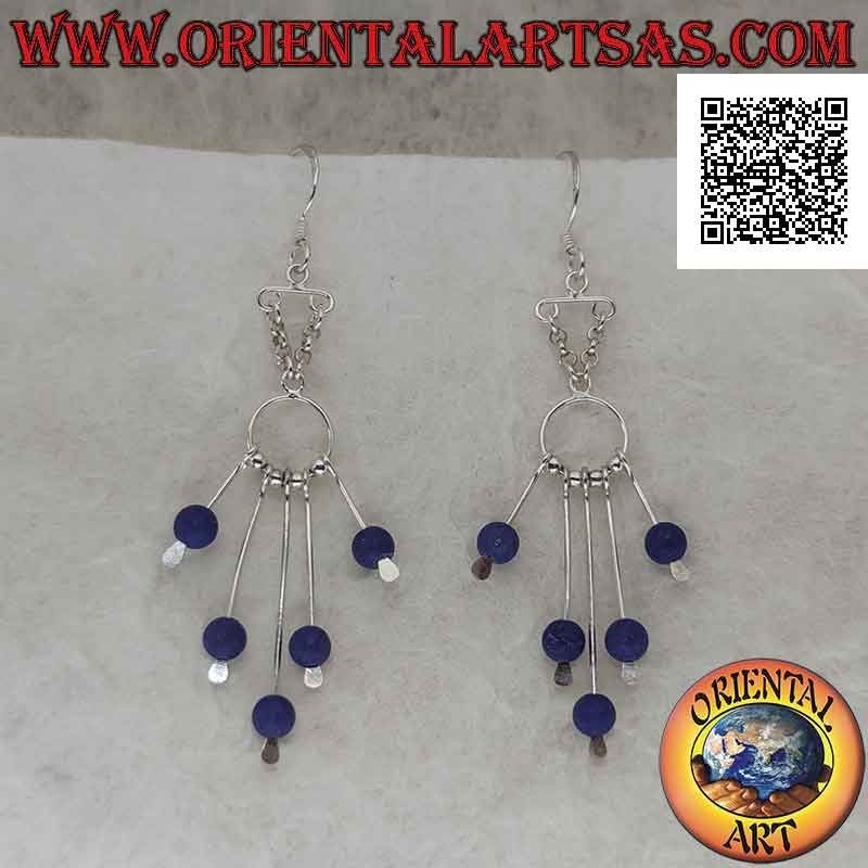 Silver earrings, hooked headband and 5 strands with pendant lapis lazuli ball