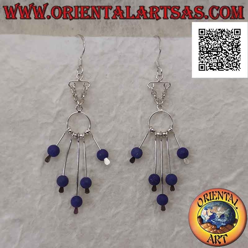 Silver earrings, hooked headband and 5 strands with pendant lapis lazuli ball