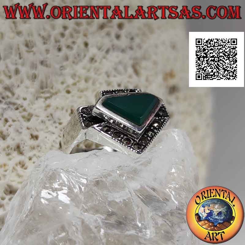Silver ring with triangular green agate surrounded by marcasite on various levels