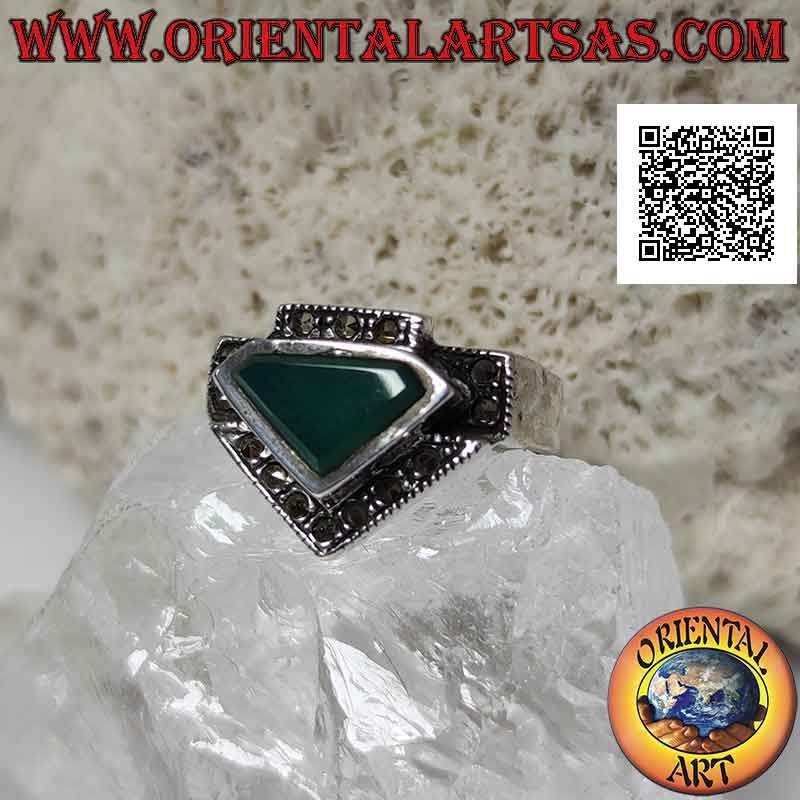 Silver ring with triangular green agate surrounded by marcasite on various levels
