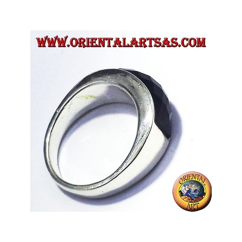 silver ring with onyx faceted rectangular curve