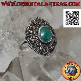 Silver ring with oval green agate on double shield studded with marcasites