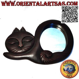 Wall mirror, curled up cat finished by hand in mahogany colored MDF