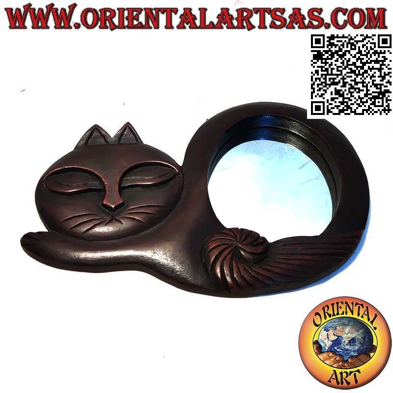 Wall mirror, curled up cat finished by hand in mahogany colored MDF
