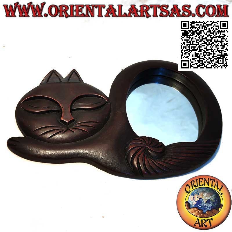 Wall mirror, curled up cat finished by hand in mahogany colored MDF