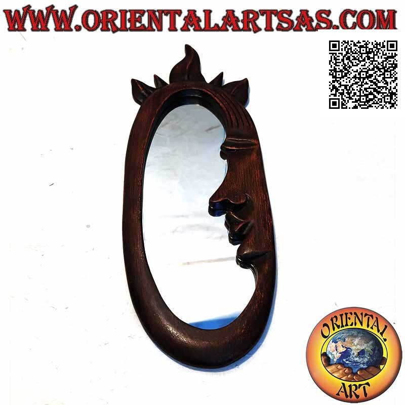 Espejo de pared, perfil de una cara con rayos de sol acabado a mano en MDF color caoba