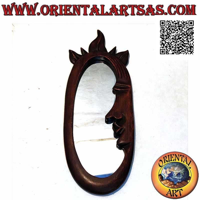 Espejo de pared, perfil de una cara con rayos de sol acabado a mano en MDF color caoba