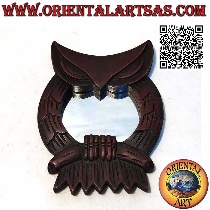 Espejo de pared, búho en la rama acabado a mano en MDF caoba (20 cm)
