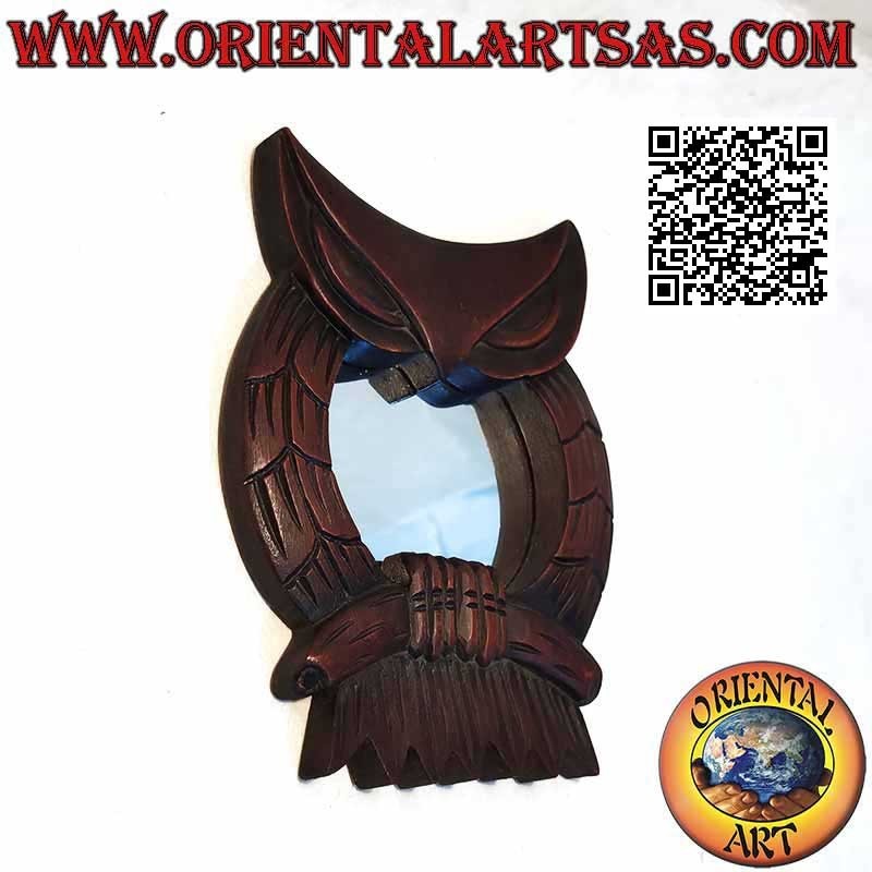 Specchio da parete, gufo sul ramo rifinito a mano in MDF color mogano (15 cm)