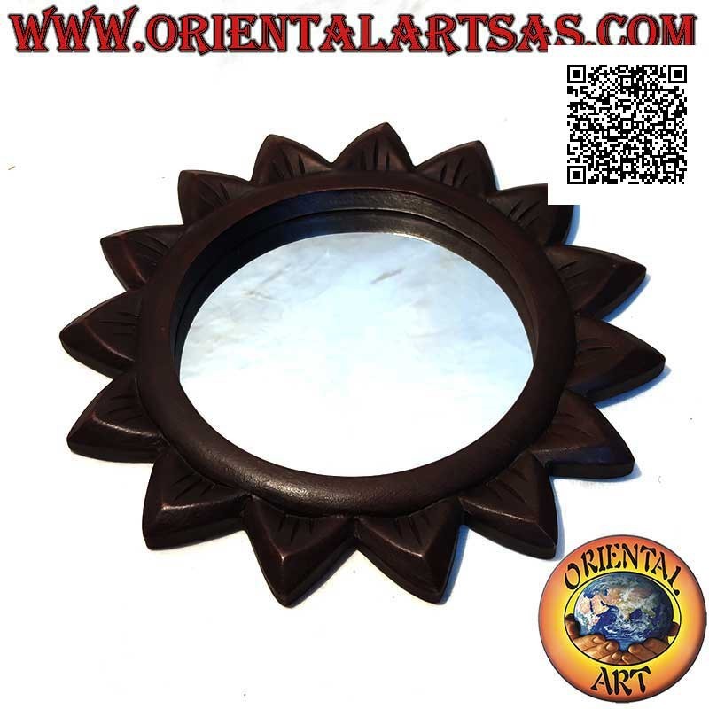 Wall mirror, round sun and engraved rays finished by hand in mahogany colored MDF (30 cm)