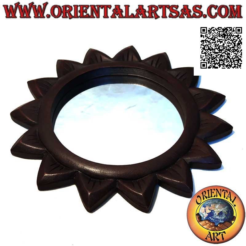 Wall mirror, round sun and engraved rays finished by hand in mahogany colored MDF (30 cm)