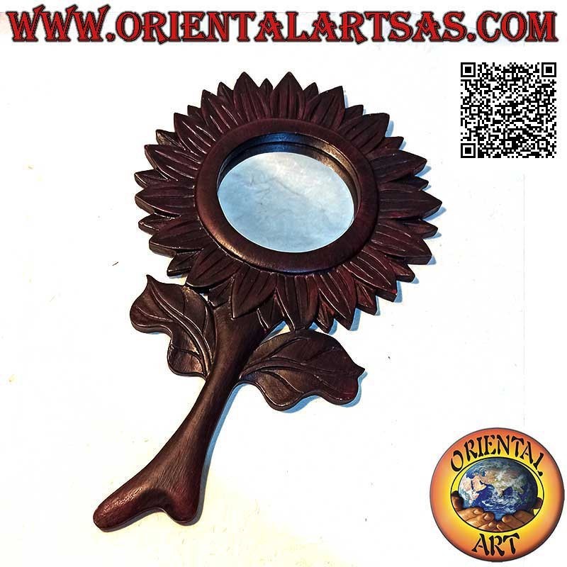 Specchio da parete, il girasole con stelo rifinito a mano in MDF color mogano (43 x 25 cm)