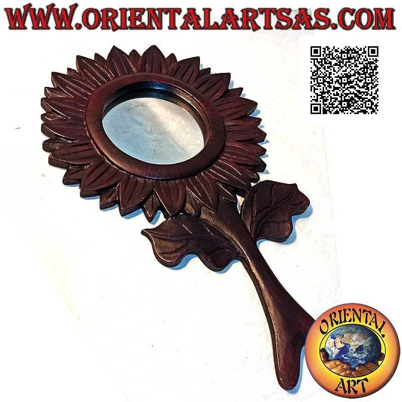 Specchio da parete, il girasole con stelo rifinito a mano in MDF color mogano (43 x 25 cm)
