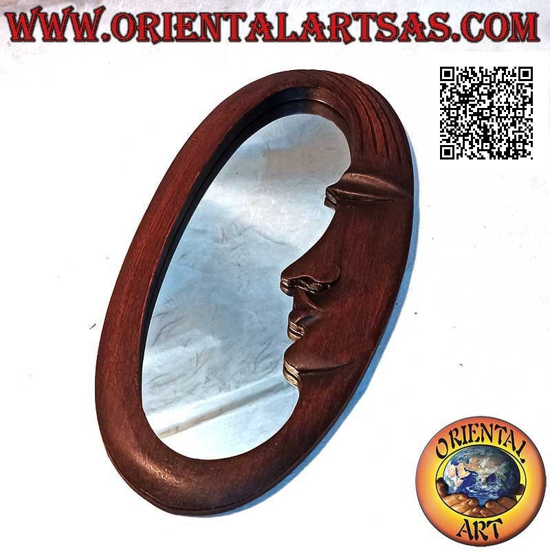 Wall mirror, oval with crescent hand finished in mahogany MDF (38 x 18 cm)