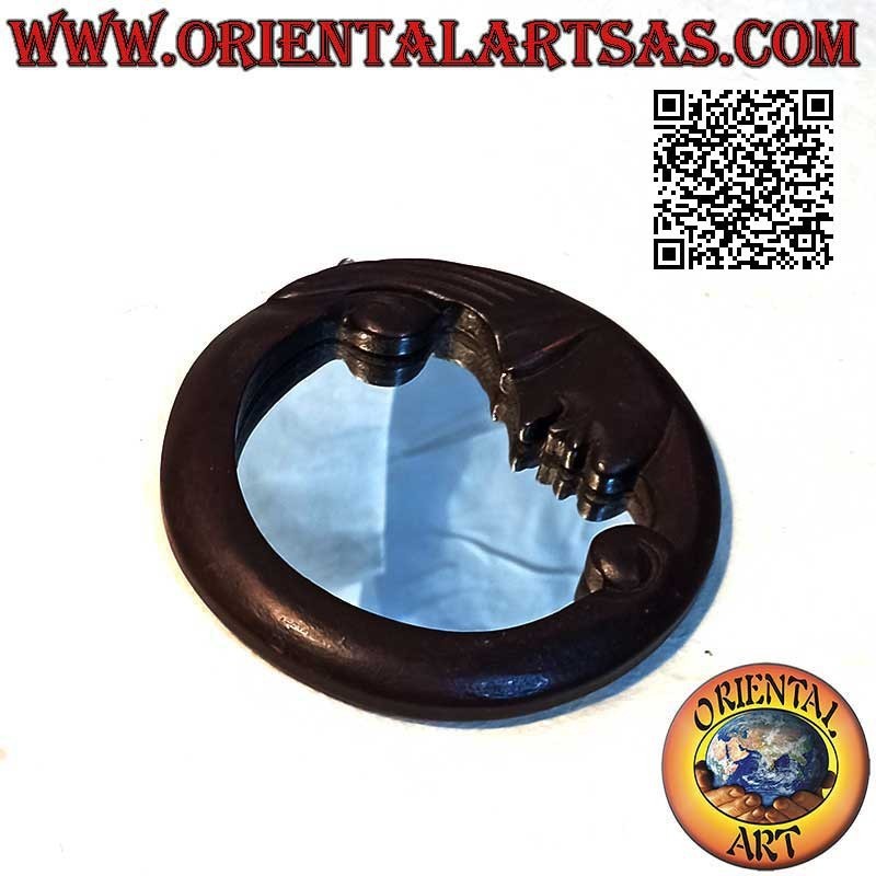 Wall mirror, round with half moon finished by hand in mahogany colored MDF