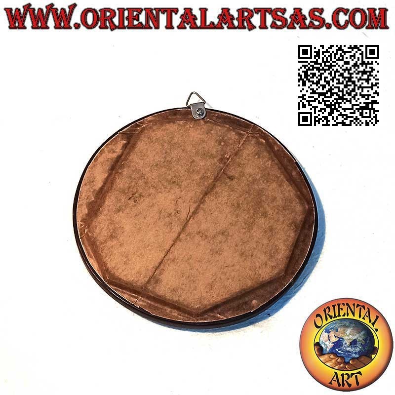 Wall mirror, round with half moon finished by hand in mahogany colored MDF