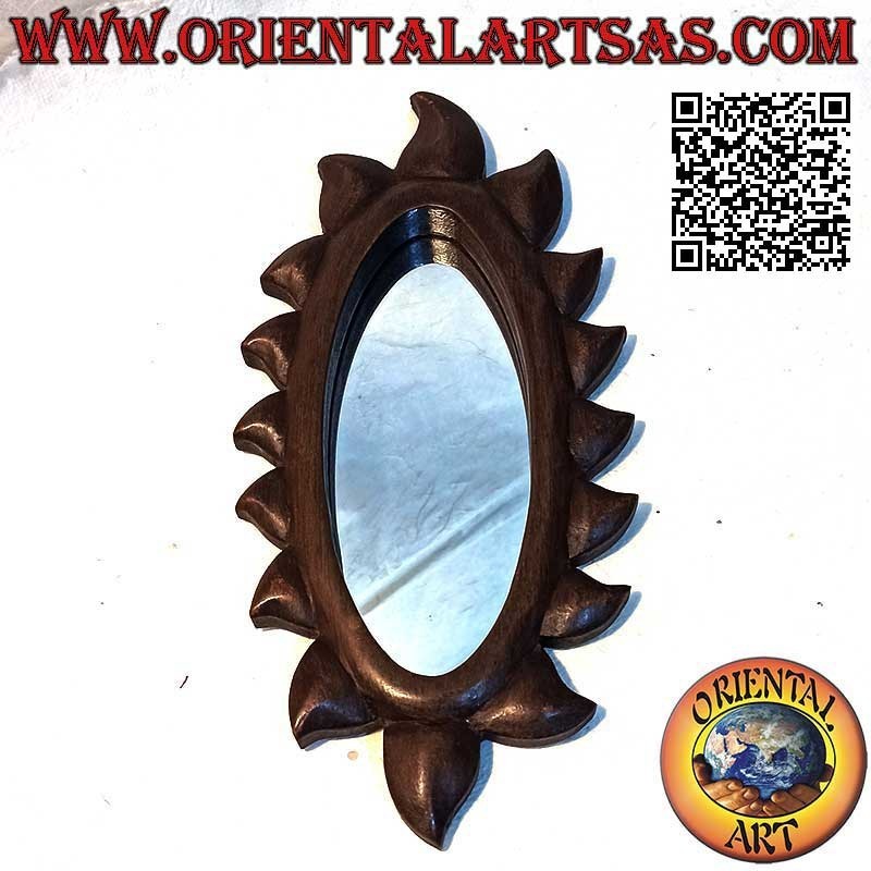 Wall mirror, elongated oval sun finished by hand in mahogany colored MDF