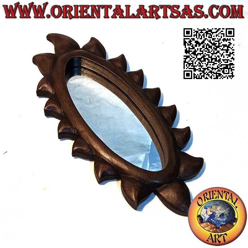Specchio da parete, sole ovale allungato rifinito a mano in MDF color mogano