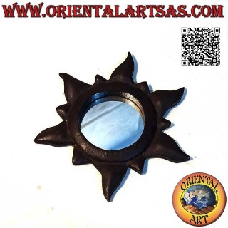 Wall mirror, round solte with short and long rays finished by hand in mahogany-colored MDF