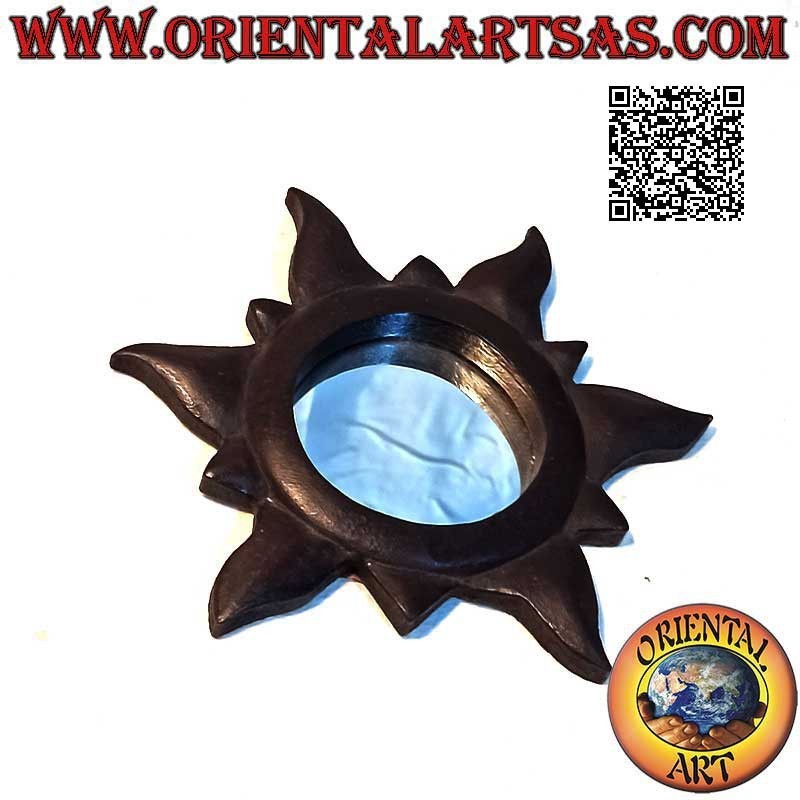 Wall mirror, round solte with short and long rays finished by hand in mahogany-colored MDF