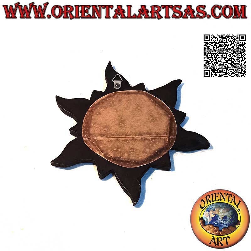 Wall mirror, round solte with short and long rays finished by hand in mahogany-colored MDF